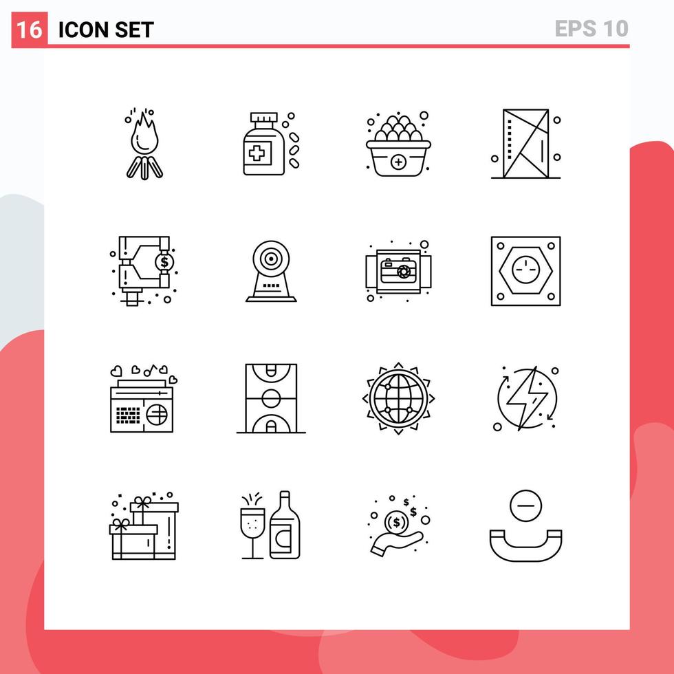 universeel icoon symbolen groep van 16 modern contouren van markt schild eetpatroon schets apparaten bewerkbare vector ontwerp elementen