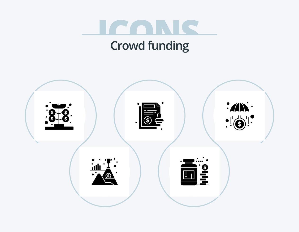 crowdfunding glyph icoon pak 5 icoon ontwerp. groei. papier. fonds. garantie. overeenkomst vector