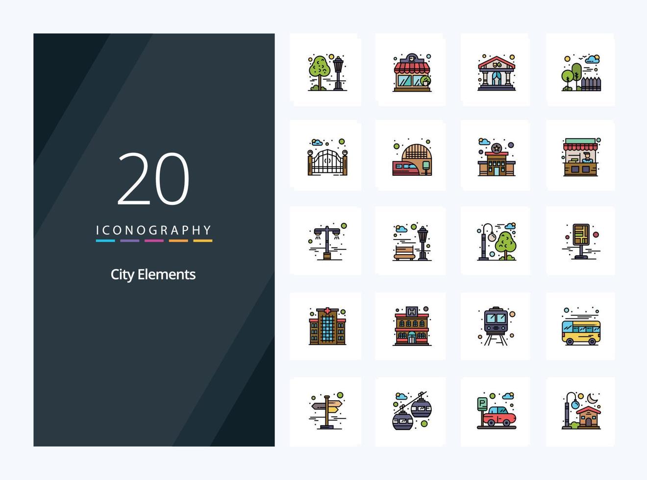 20 stad elementen lijn gevulde icoon voor presentatie vector