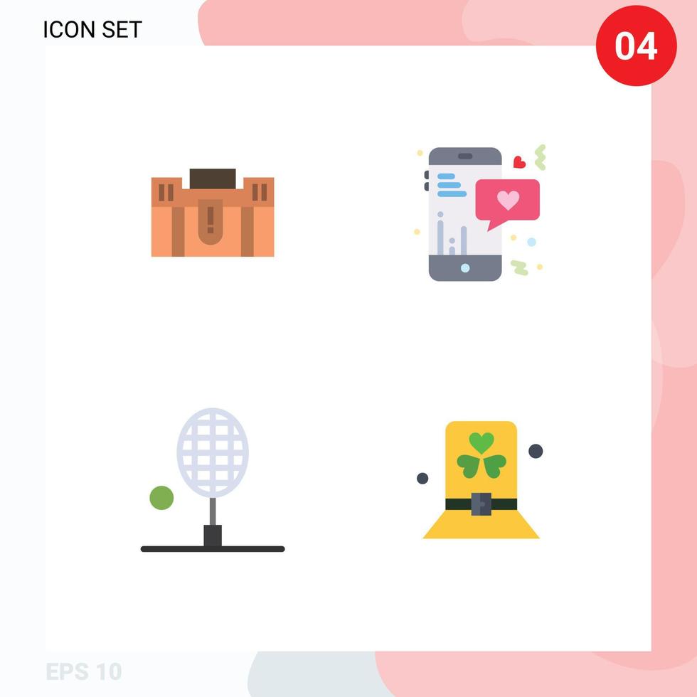 4 vlak icoon concept voor websites mobiel en apps aktentas babbelen Holding reizen badminton bewerkbare vector ontwerp elementen