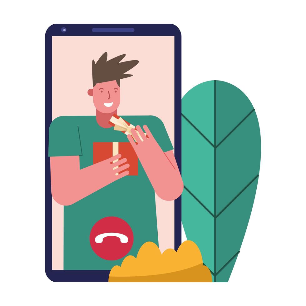 jonge man met cadeau in smartphone vector