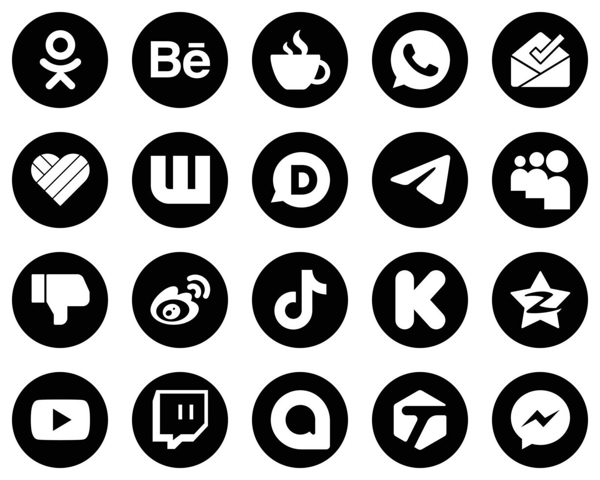 20 hoge kwaliteit wit sociaal media pictogrammen Aan zwart achtergrond zo net zo sine. facebook. wattpad en afkeer pictogrammen. creatief en professioneel vector