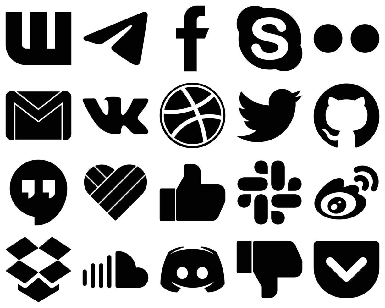 20 creatief zwart glyph sociaal media pictogrammen zo net zo tweeten. dribbelen. chatten. vk en e-mail pictogrammen. minimalistische en aanpasbare vector
