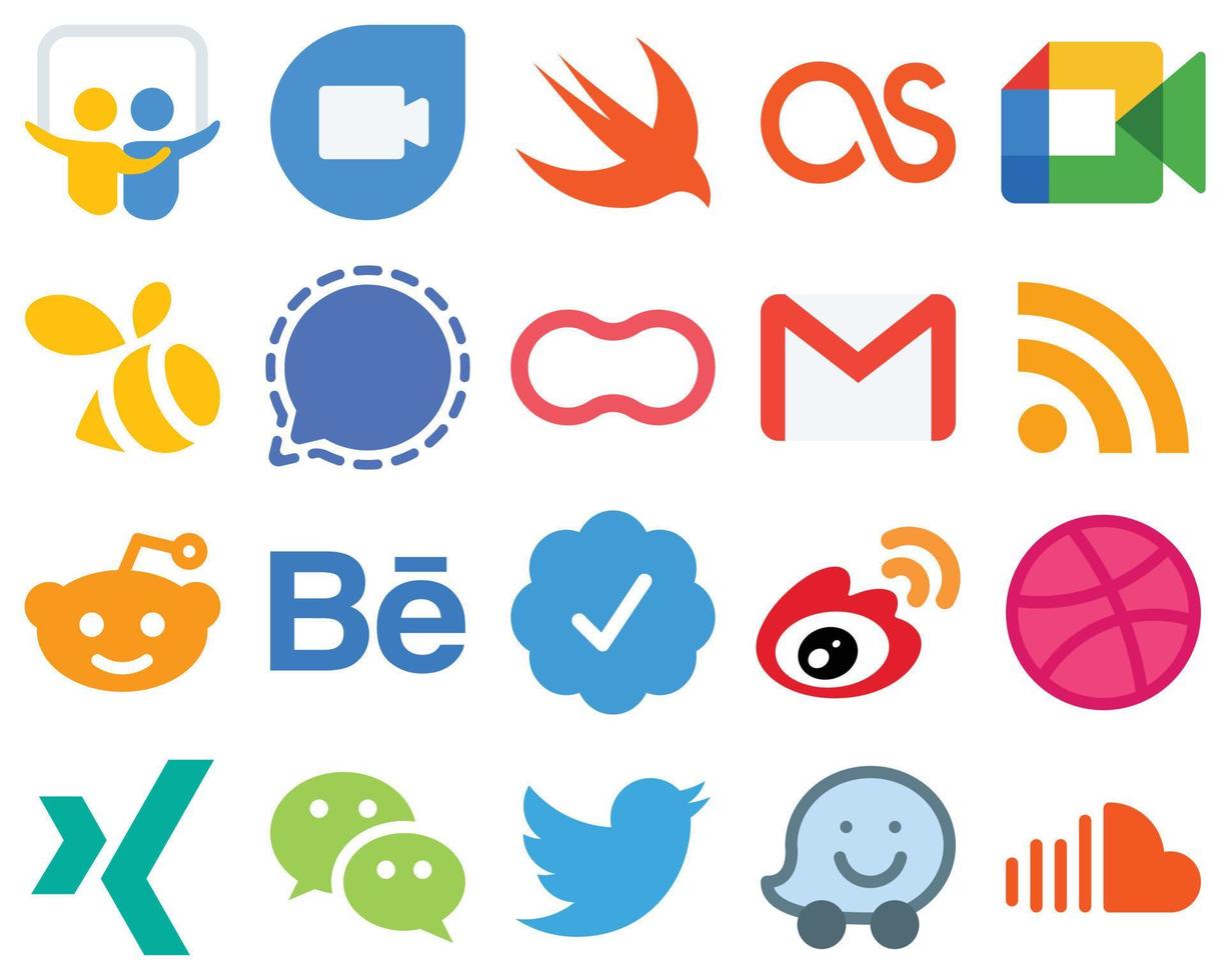 20 vlak icoon reeks vlak sociaal media pictogrammen rss. e-mail. signaal. Gmail en moeders pictogrammen. helling pictogrammen pak vector
