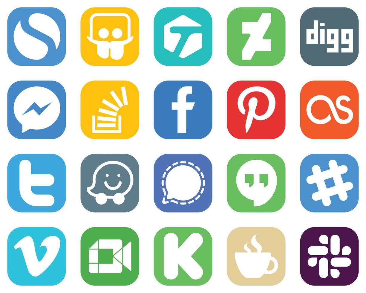 20 sociaal media pictogrammen voor uw branding zo net zo twitteren. pinterest. voorraadoverloop en facebook pictogrammen. minimalistische helling icoon reeks vector