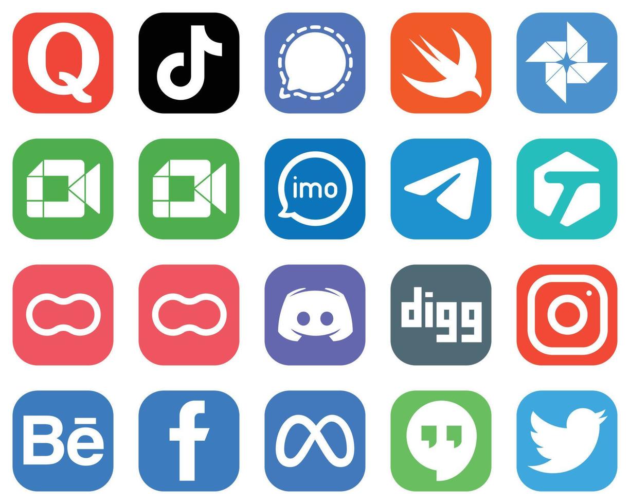 20 minimalistische sociaal media pictogrammen zo net zo video. imo. boodschapper en google ontmoeten pictogrammen. hoog kwaliteit helling icoon reeks vector