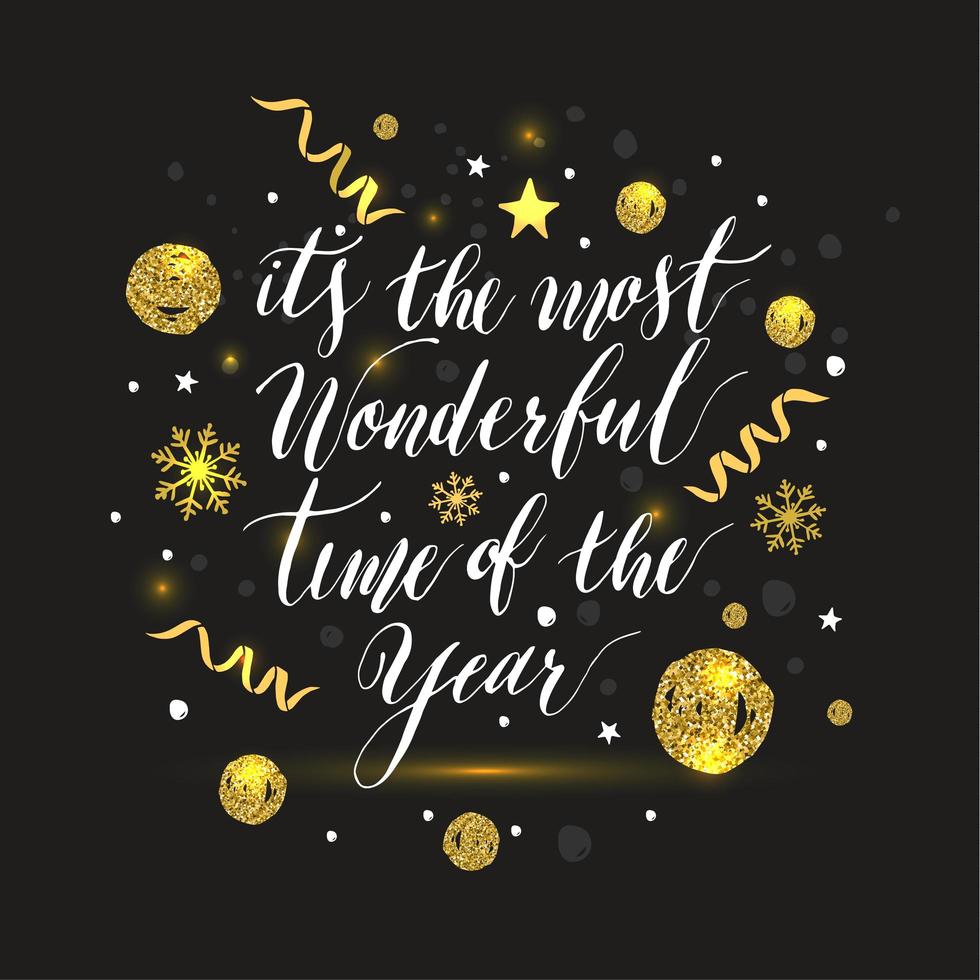 Nieuwjaar belettering, hand getrokken kerst wenskaart met gouden glitters. vector