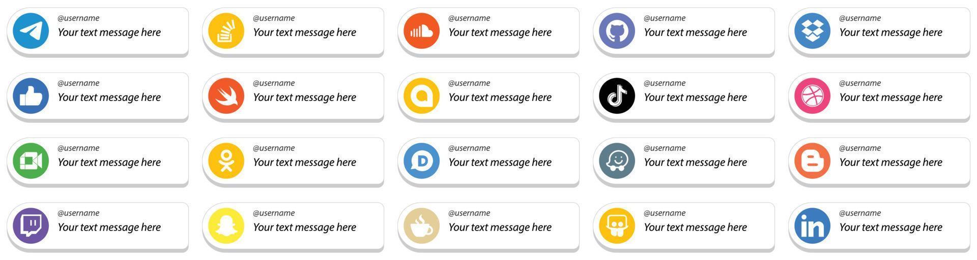 20 kaart stijl volgen me sociaal media platform pictogrammen met Op maat bericht optie zo net zo douyin. google allo. geluid. snel en Leuk vinden pictogrammen. hoog definitie en veelzijdig vector