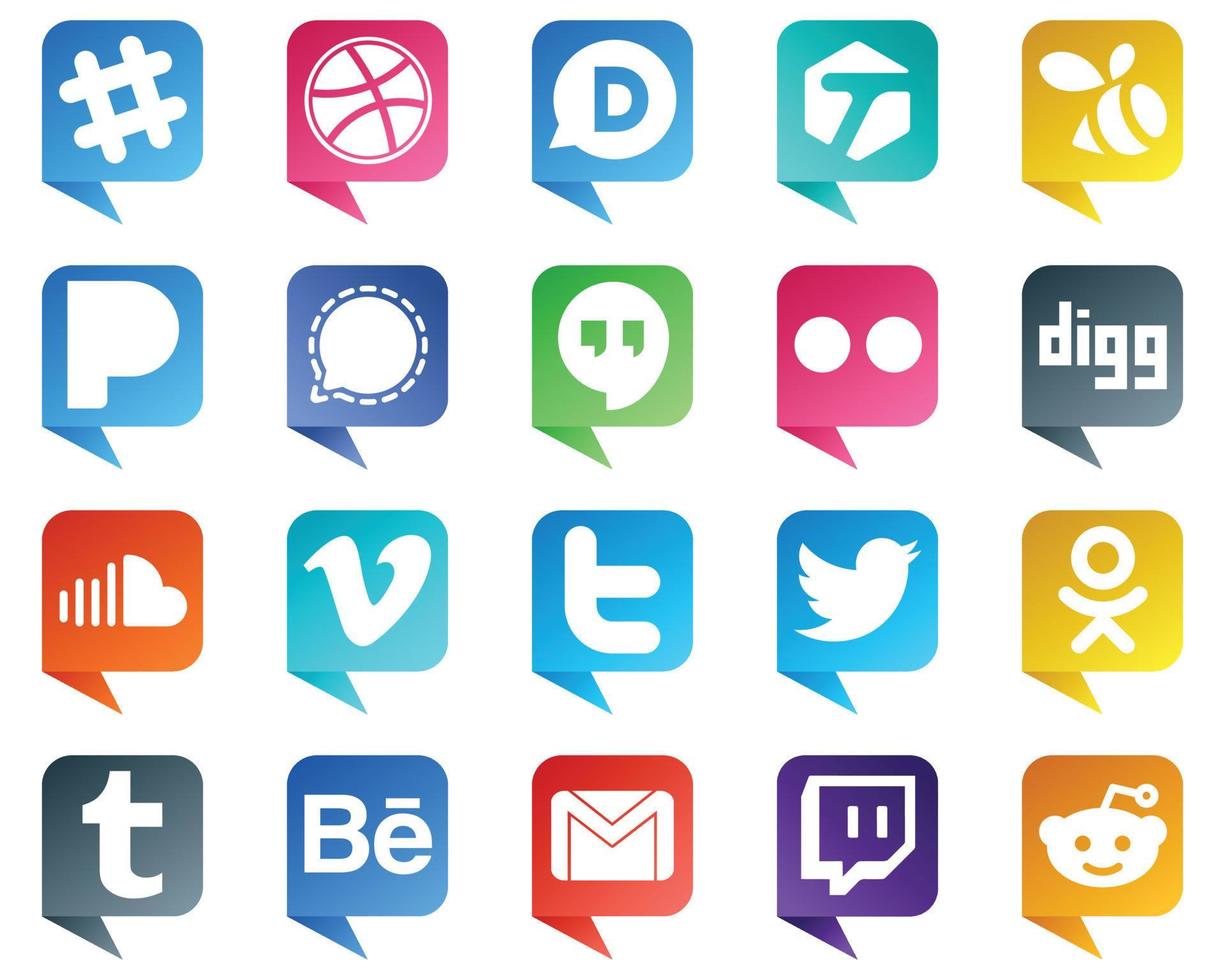 20 babbelen bubbel stijl pictogrammen van majoor sociaal media platformen zo net zo video. muziek. geluid en graven pictogrammen. veelzijdig en premie vector