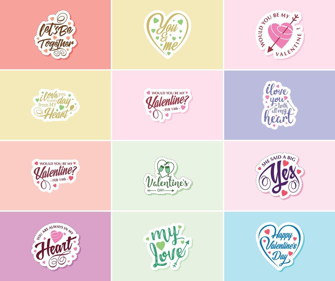 vieren liefde met verbijsterend Valentijnsdag dag grafiek en typografie stickers vector