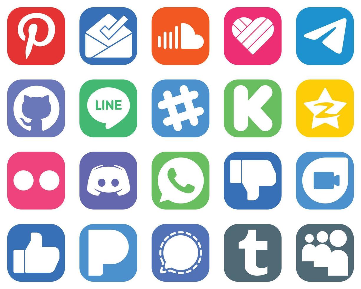 20 essentieel sociaal media pictogrammen zo net zo flickr. tien cent. qzone en kickstarter pictogrammen. helling sociaal media pictogrammen vector