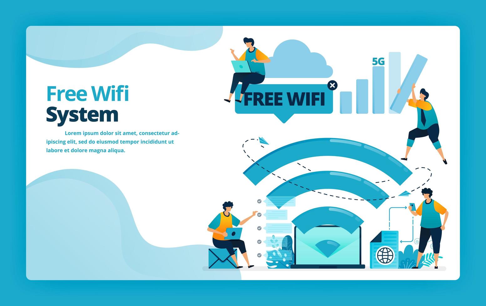 vectorillustratie van bestemmingspagina van gratis wifi-systeem voor een goedkopere en efficiëntere internetverbinding. ontwerp voor website, web, banner, mobiele apps, poster, brochure, sjabloon, advertenties, startpagina vector
