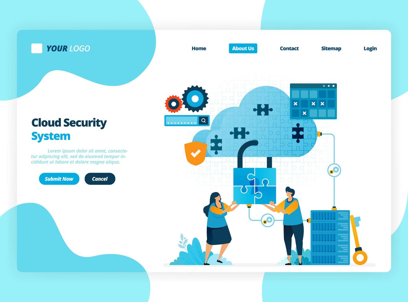 bestemmingspagina-sjabloon van cloud computing-beveiligingssysteem. samenwerking om de toegang tot hosting beter te beveiligen. illustratie voor ui ux, website, web, mobiele apps, flyer, brochure, advertentie vector