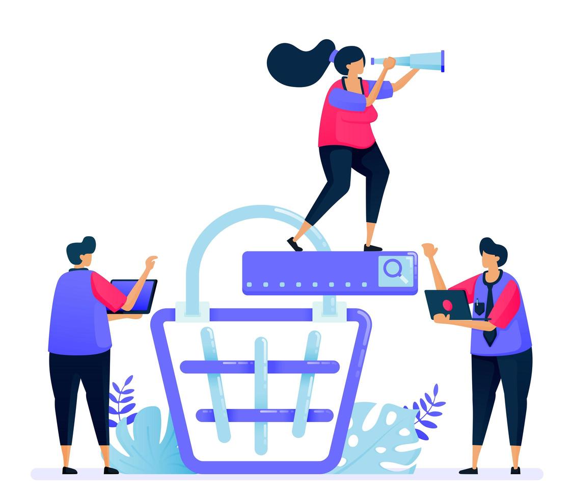 vectorillustratie voor het online zoeken van het winkelwagentje van producten. e-commerce en afrekenen op de markt. kan worden gebruikt voor bestemmingspagina, website, web, mobiele apps, posters, flyers vector