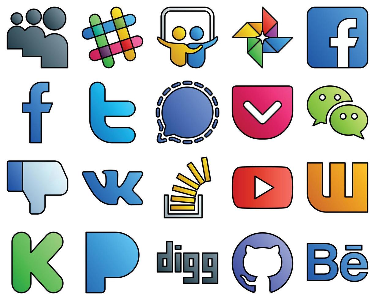20 professioneel pictogrammen vk. afkeer. tweeten. boodschapper en zak- gevulde lijn stijl sociaal media icoon reeks vector