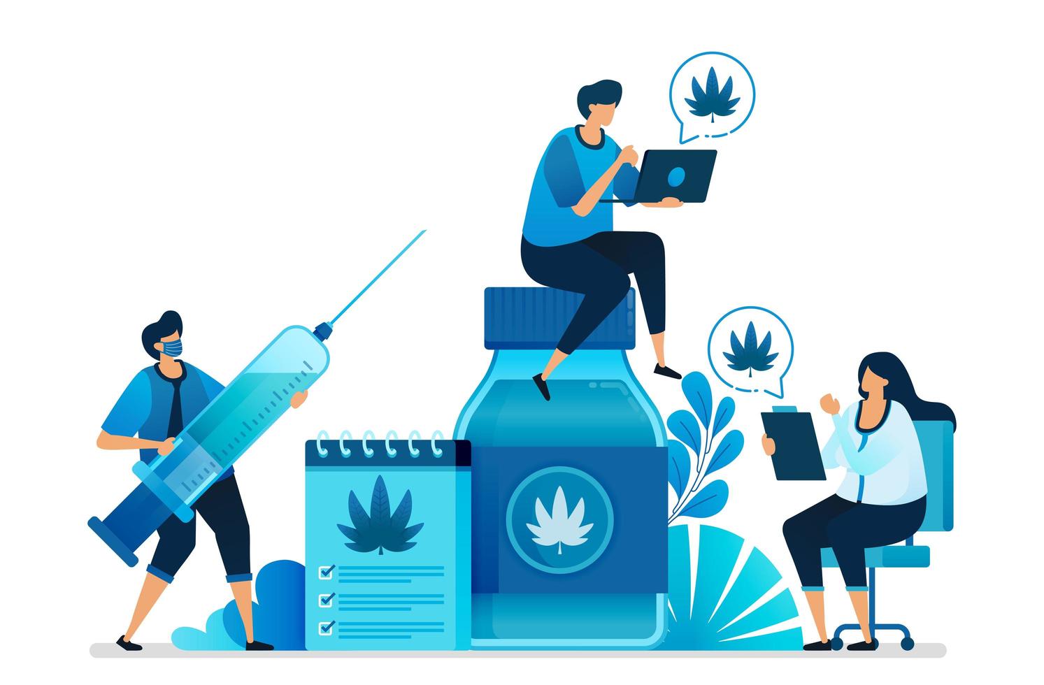 cannabis en marihuana-illustraties voor gezondheidsonderzoek. ganja is gezondheidsartikelen, medicijnen, oliën en kruiden. kan worden gebruikt voor bestemmingspagina, website, web, mobiele apps, flyer, banner, sjabloon, poster vector