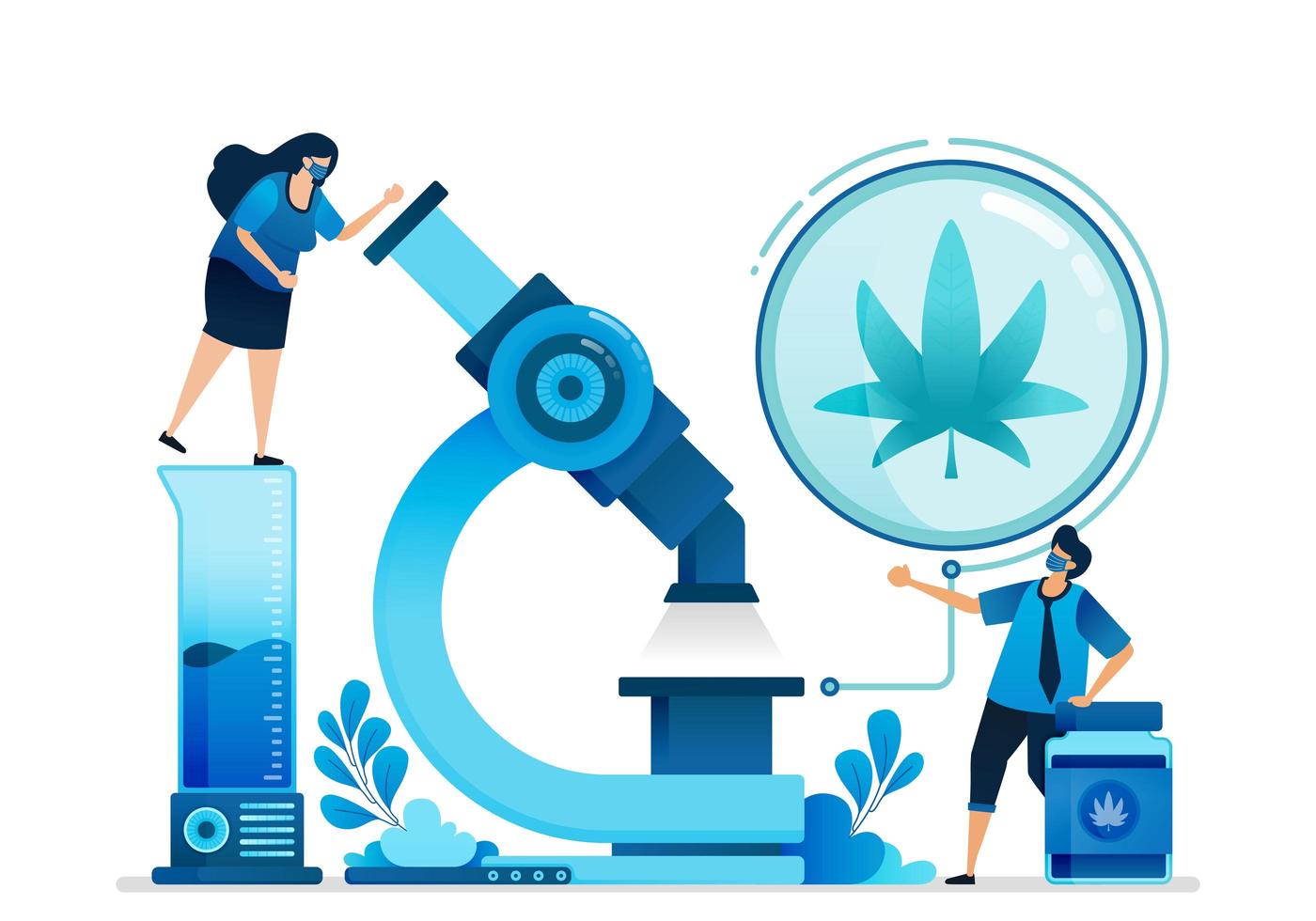 cannabis vectorillustraties. onderzoek en ontwikkeling van ganja voor onderwijs, gezondheid en commerciële geneeskunde. kan worden gebruikt voor bestemmingspagina, website, web, mobiele apps, flyer, banner, sjabloon, poster vector