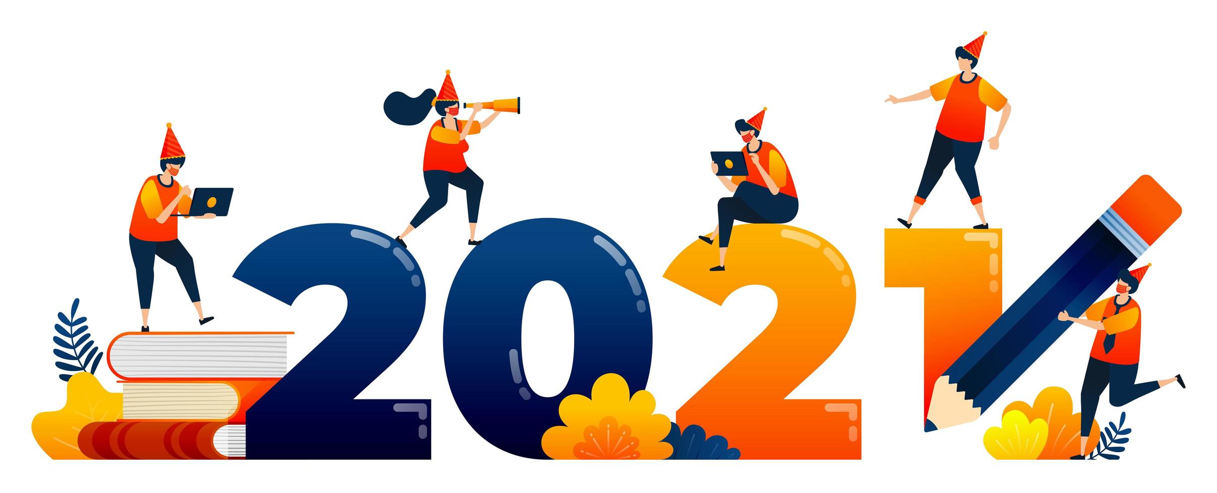 aftellen van 2020 tot 2021 met als thema onderwijs, studie, leren. vector illustratie concept kan worden gebruikt voor bestemmingspagina, sjabloon, ui ux, web, mobiele app, poster, banner, website, flyer