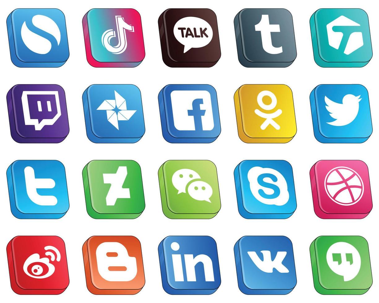 20 modern isometrische 3d sociaal media pictogrammen zo net zo afwijkend. twitteren. getagd. odnoklassniki en fb pictogrammen. ten volle bewerkbare en veelzijdig vector