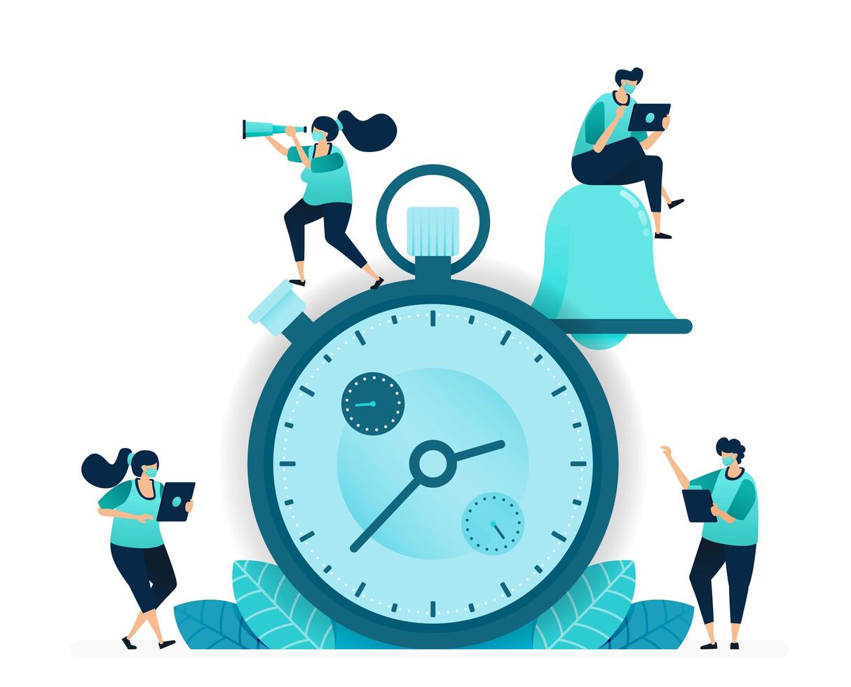 vectorillustratie van stopwatch voor competitie en werkinterval. belmeldingsapps voor planning en planning. vrouwelijke en mannelijke arbeiders. ontworpen voor website, web, bestemmingspagina, apps, poster vector