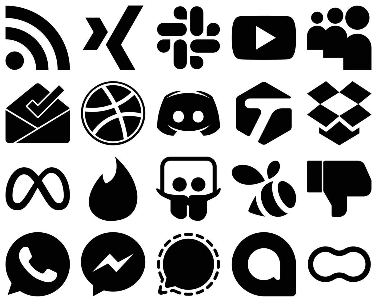 20 hoge resolutie zwart solide glyph pictogrammen zo net zo tondel. meta. dribbelen en dropbox pictogrammen. veelzijdig en professioneel vector