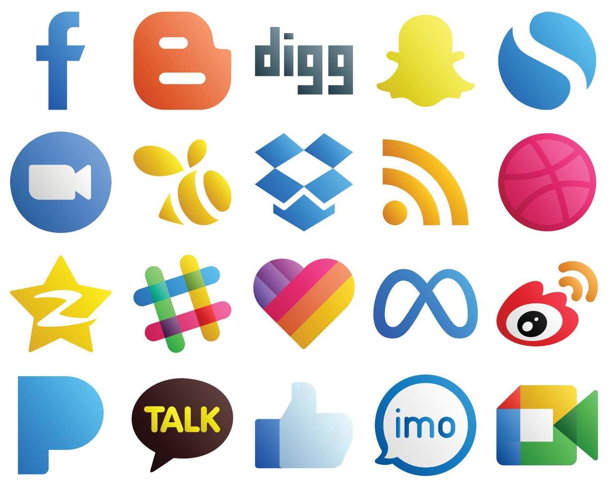 20 modern helling sociaal media pictogrammen zo net zo qzone. voer. zoom. rss en zwerm pictogrammen. ten volle bewerkbare en veelzijdig vector