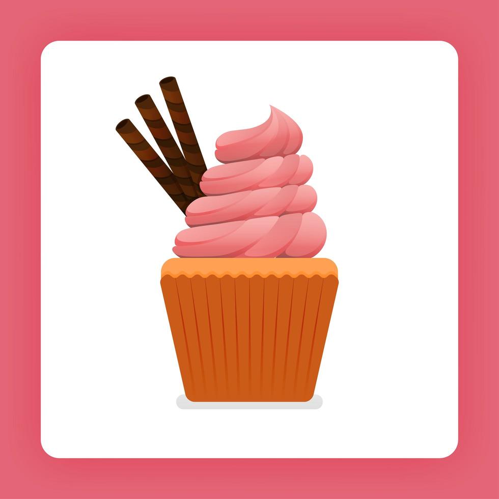 illustratie van cupcake met aardbeienroom gegarneerd met chocolade wafel twisters. aardbeien glazuur topping. ontwerp kan zijn voor boeken, flyer, poster, website, web, apps, bestemmingspagina, kookboek vector