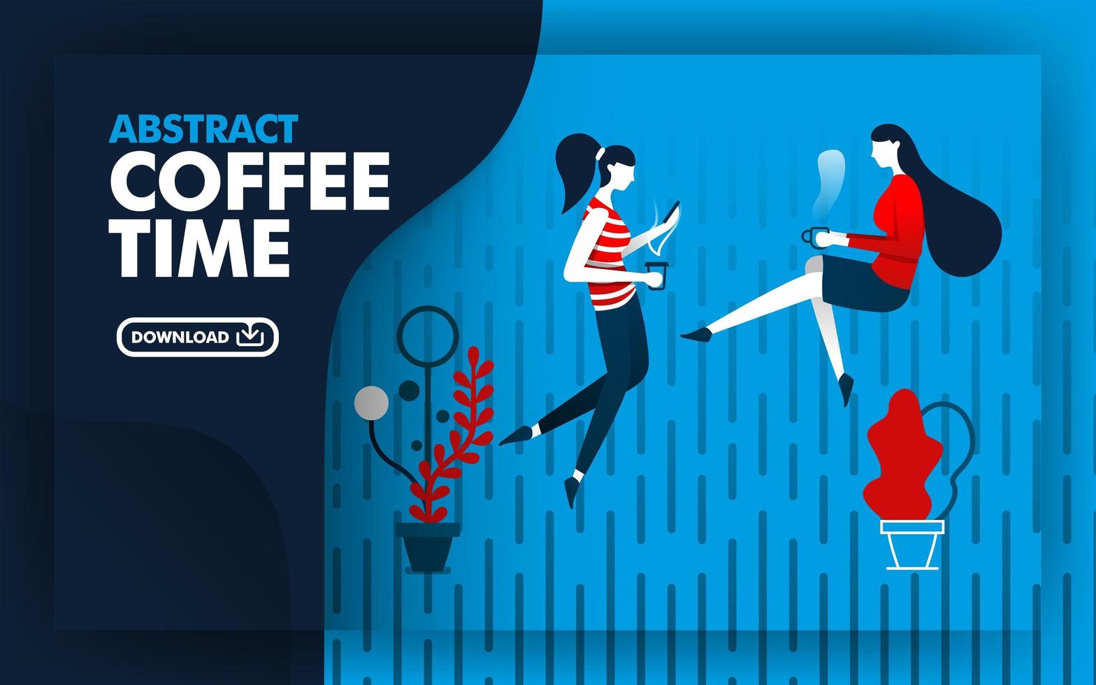 vector abstracte illustratie website banner met blauw, donkerblauw en rood met het thema van de koffietijd. twee vrouwen zaten te ontspannen terwijl ze koffie dronken in de regen. kan gebruiken voor pagina. platte cartoon stijl