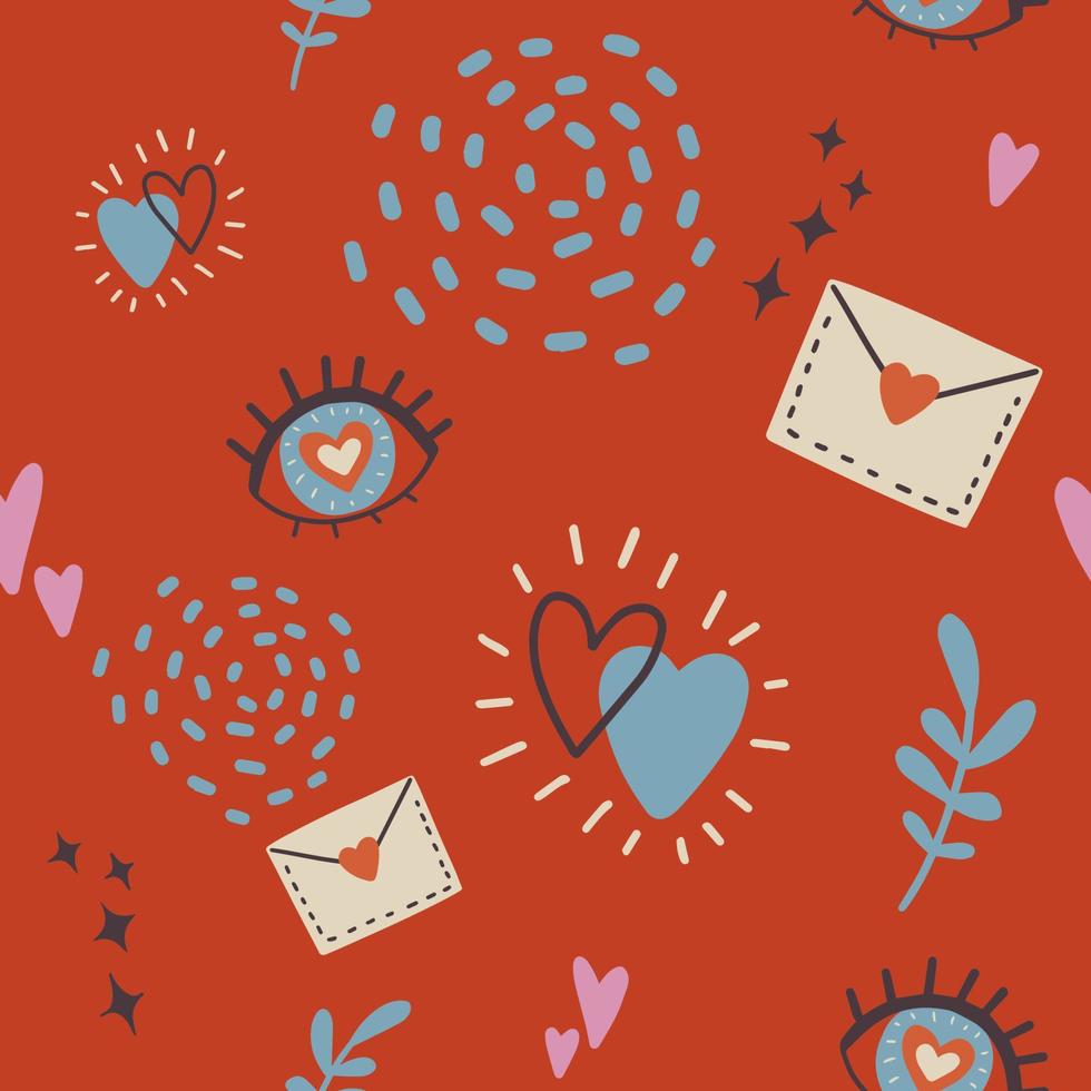 hand- getrokken liefde patroon voor omhulsel papier met liefde brieven, ogen, harten Aan rood achtergrond vector