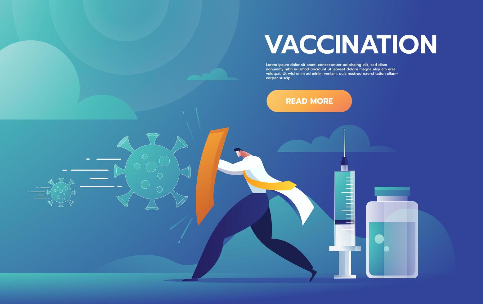 strijd covid-19 concept illustratie. arts die het schild opheft tegen de storm van virussen en klaar is om terug te vechten met het vaccin. vector sjabloon.