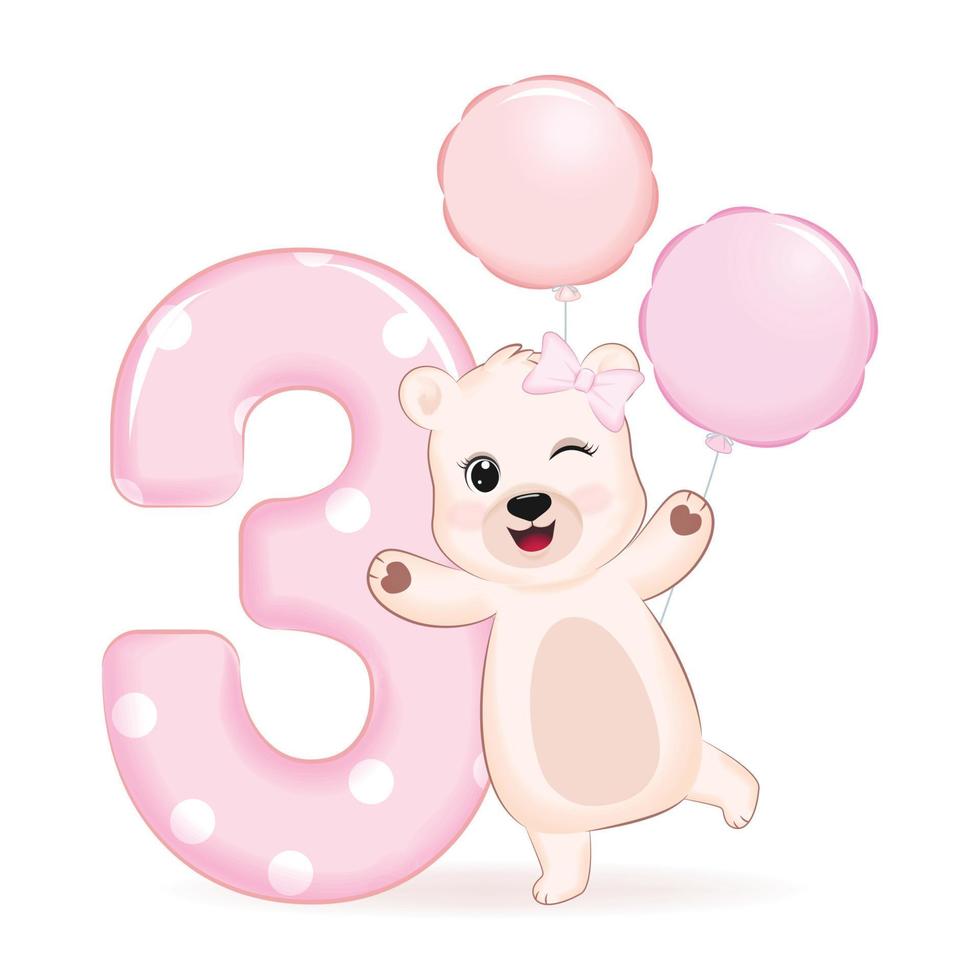 schattig weinig beer en ballon, gelukkig verjaardag 3 jaren oud vector