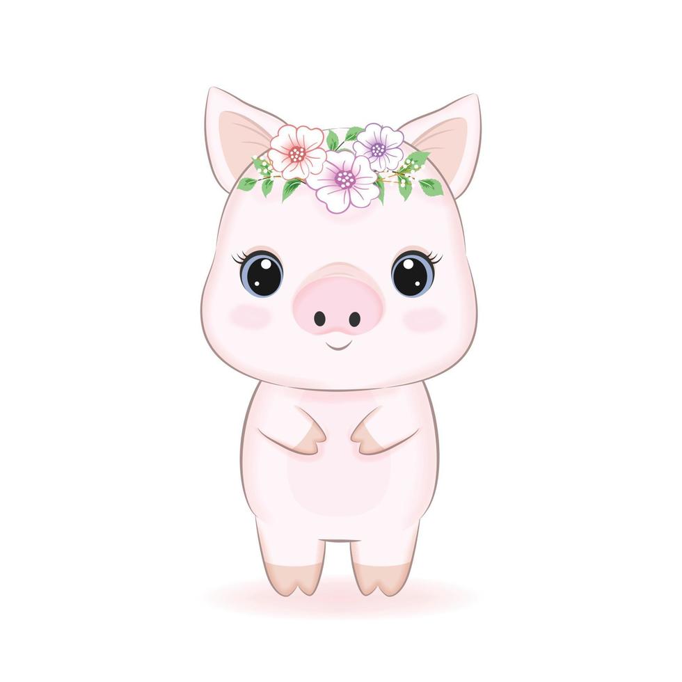 schattig weinig varken met flora, tekenfilm illustratie vector