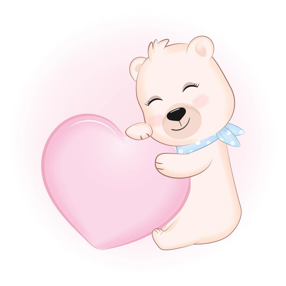 schattig weinig beer met roze hart, dier tekenfilm illustratie vector