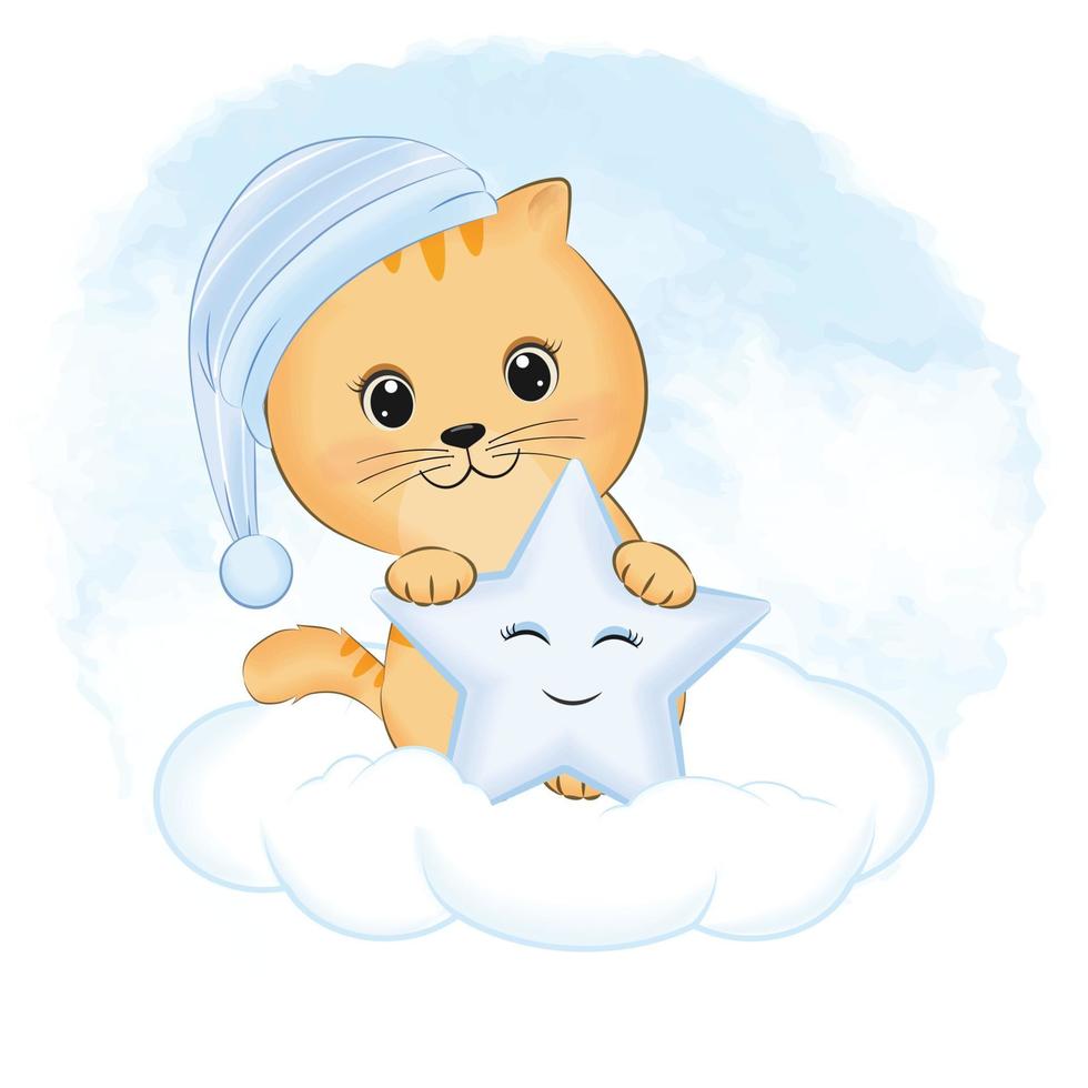 schattig weinig oranje kat met ster Aan de wolk dier tekenfilm illustratie vector