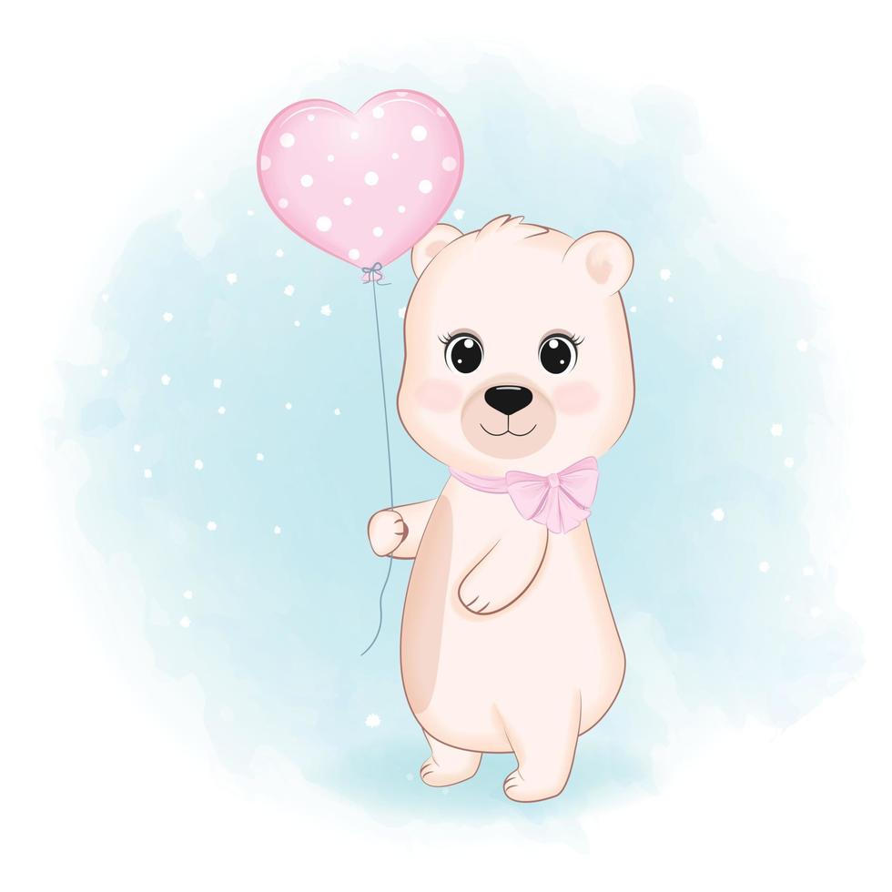 schattig weinig beer met roze hart ballon, dier tekenfilm illustratie vector
