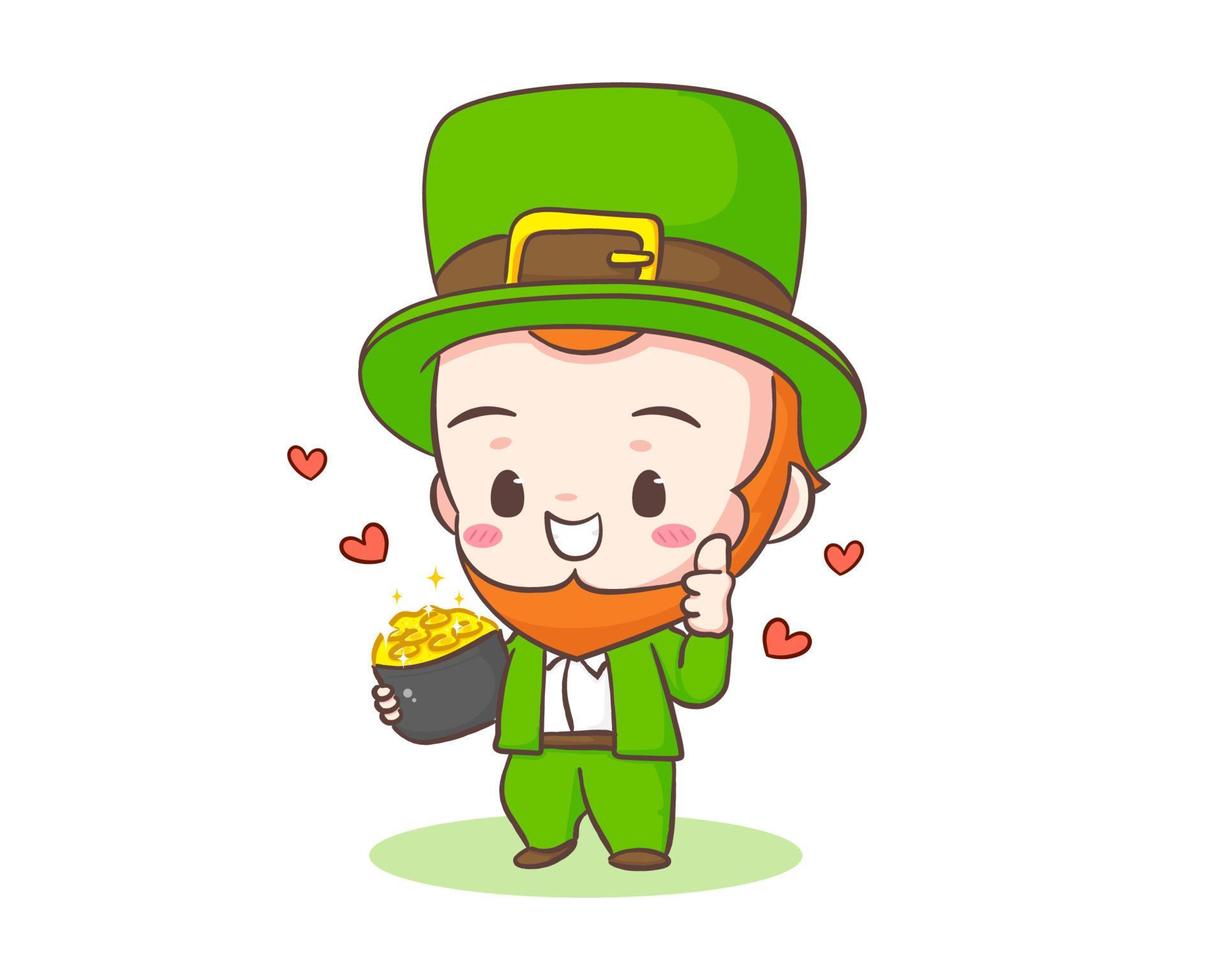 schattig aanbiddelijk elf van Ierse folklore tekenfilm Holding een pot van goud munt. hand- getrokken chibi karakter. gelukkig heilige Patrick dag concept ontwerp. geïsoleerd wit achtergrond. vector kunst illustratie.