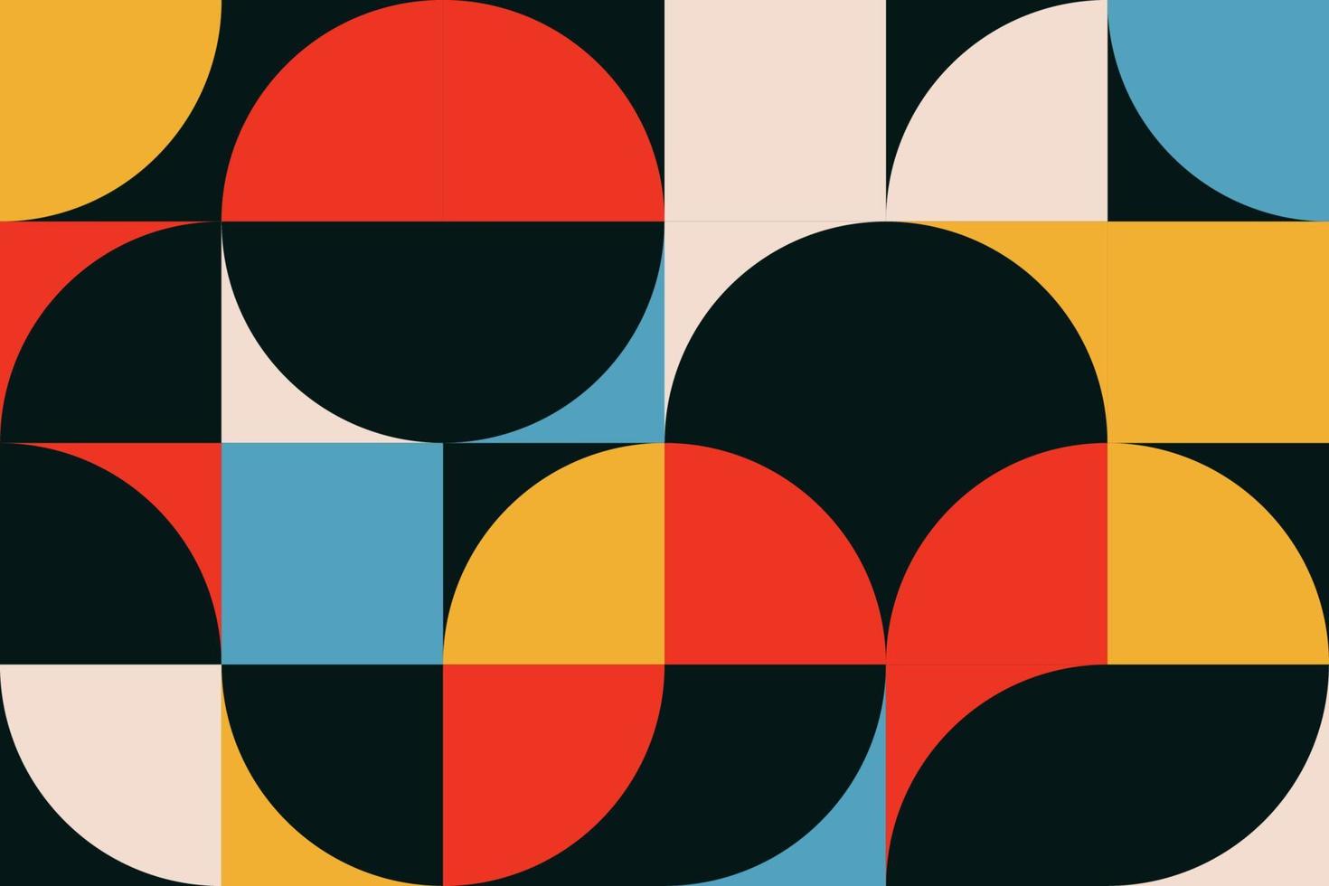 abstract retro meetkundig naadloos patroon in de bauhaus stijl met rooster en tegel geo- vierkanten, driehoeken, halve cirkels en halve cirkels vorm tileable achtergrond ontwerp vector