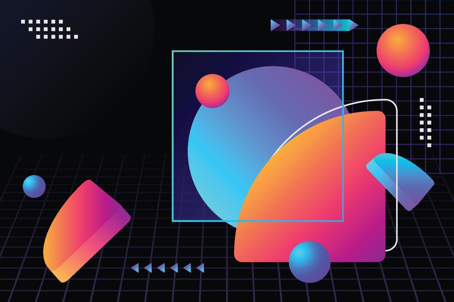 abstract achtergrond samenstelling van abstract neon vloeistof helling meetkundig vormen met rooster gaas, pijlen, en dots decoratief elementen in tech futuristische stijl vector