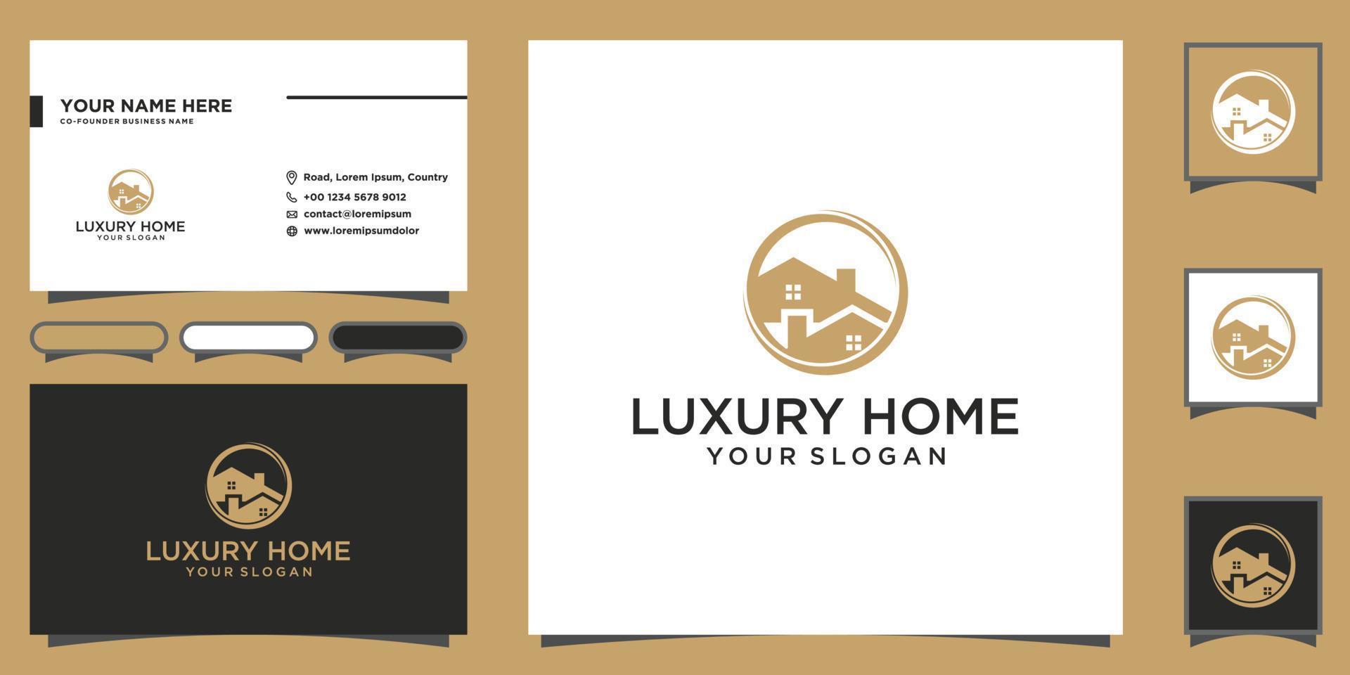 luxe huis logo met cirkel goud kleur en bedrijf kaart sjabloon premie vector