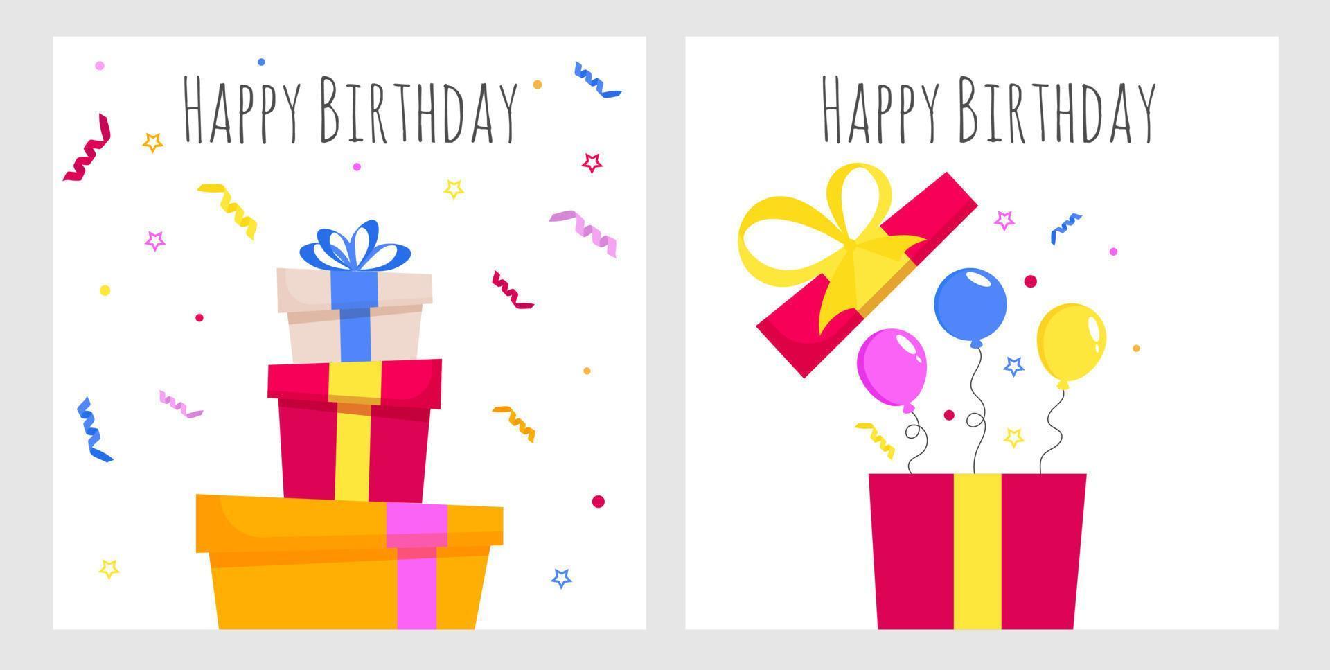 verjaardag kaart reeks met kleur geschenk dozen en ballonnen. vector