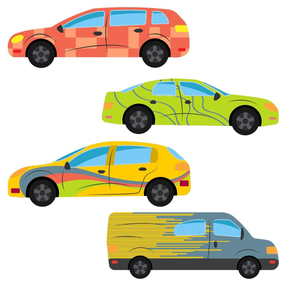 een reeks van drie auto's geschilderd in verschillend kleuren. vector illustratie