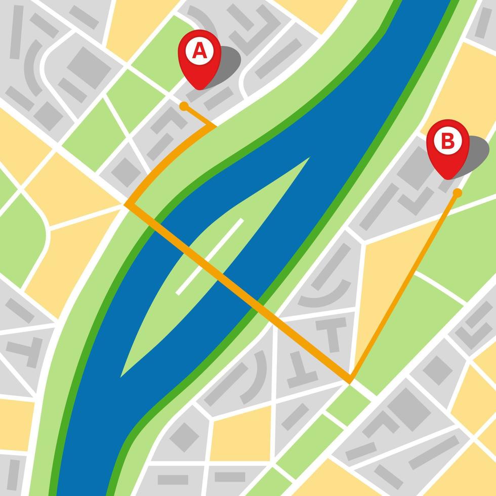 stad kaart van een denkbeeldig stad met een rivier- en route van punt een naar punt b. vector illustratie.