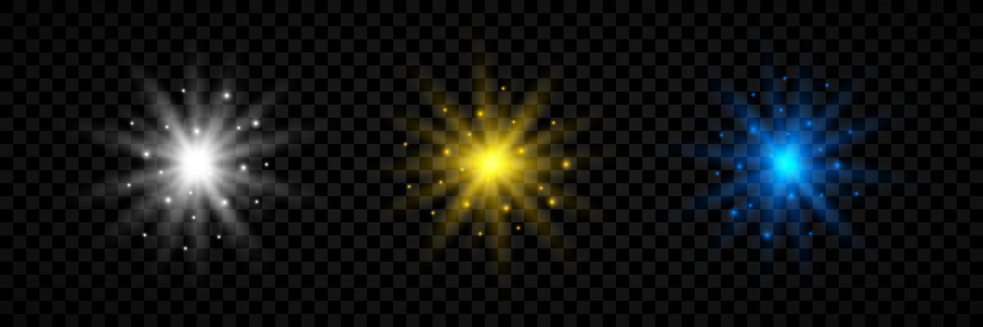 licht effect van lens fakkels. reeks van drie wit, geel en blauw gloeiend lichten starburst Effecten met schittert. vector illustratie