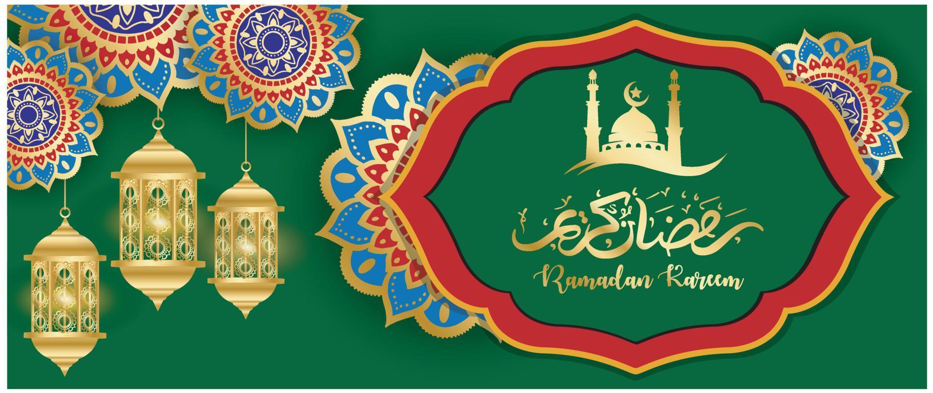 Ramadan kareem concept banier 3d goud kader Arabisch venster Aan mooi achtergrond mooi Arabisch patroon vector illustratie hangende gouden halve maan maan en papier besnoeiing sterren Bij wolken voor tekst