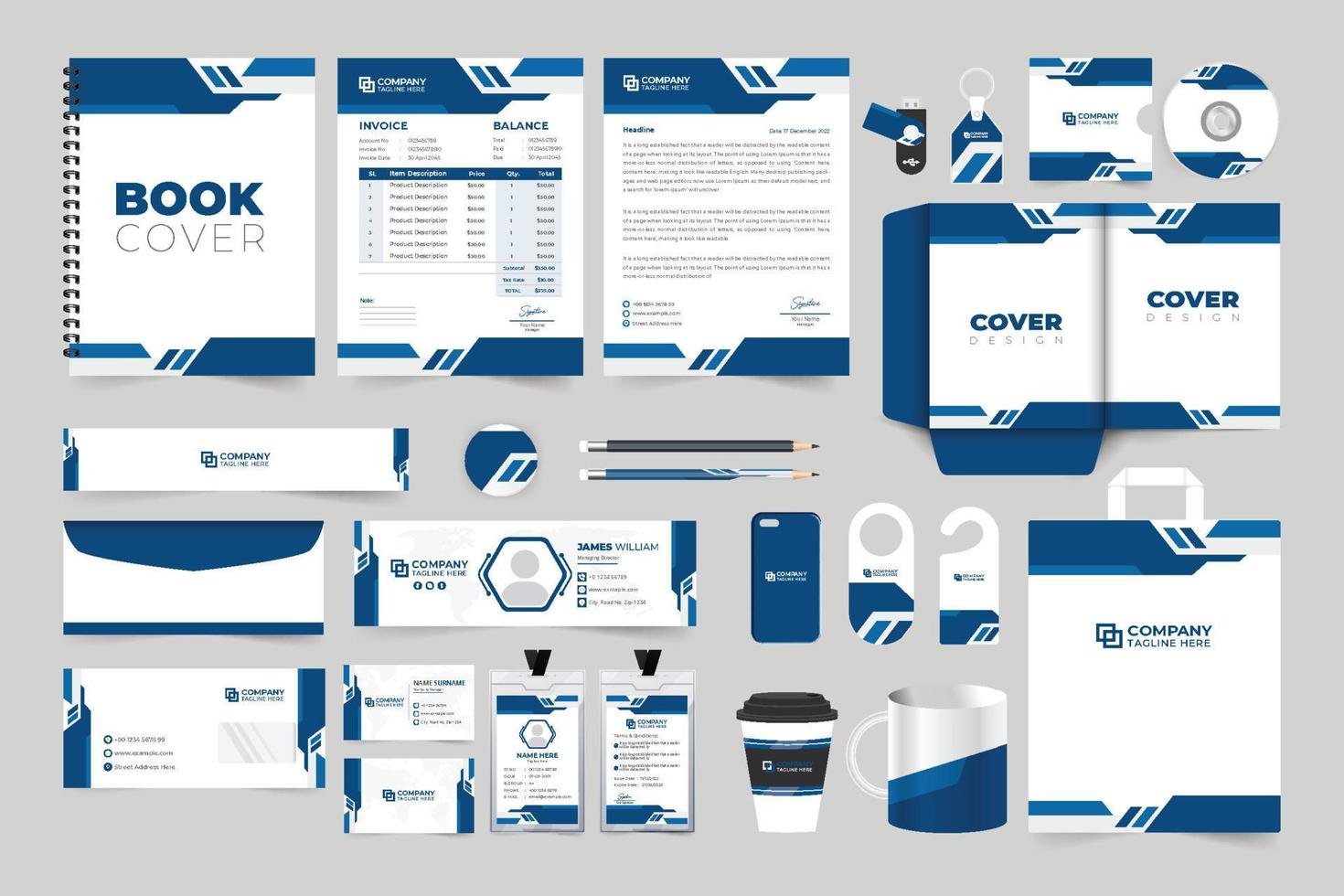 mode merk advertentie sjabloon met envelop en factuur. bedrijf schrijfbehoeften en branding ontwerp met creatief vormen voor marketing. zakelijke merk identiteit ontwerp met donker blauw kleuren. vector