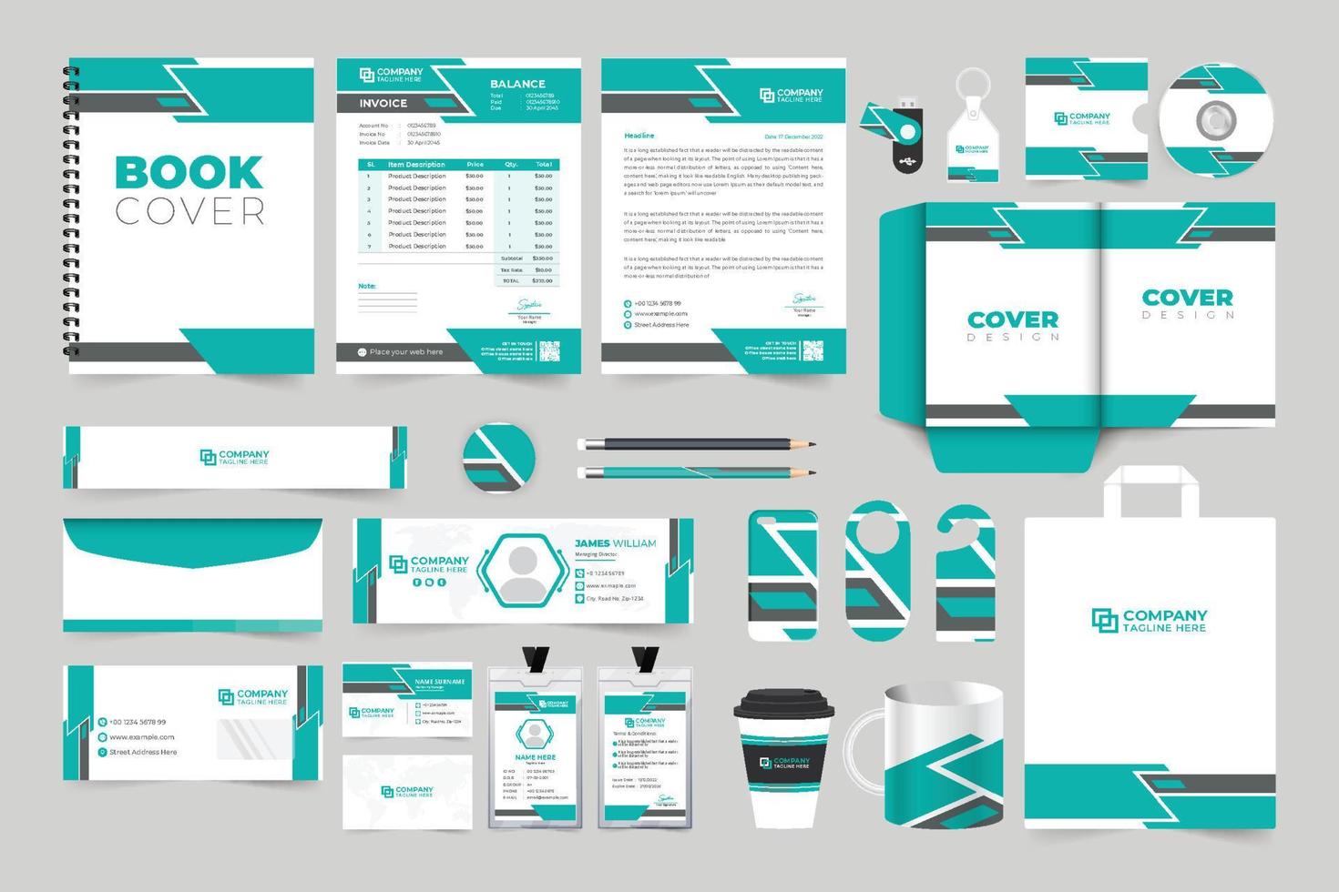 bedrijf merk identiteit en promotionele sjabloon verzameling met aqua kleur. bedrijf briefhoofd, factuur, en envelop ontwerp voor advertentie. zakelijke ID kaart kaart en kantoor schrijfbehoeften ontwerp. vector