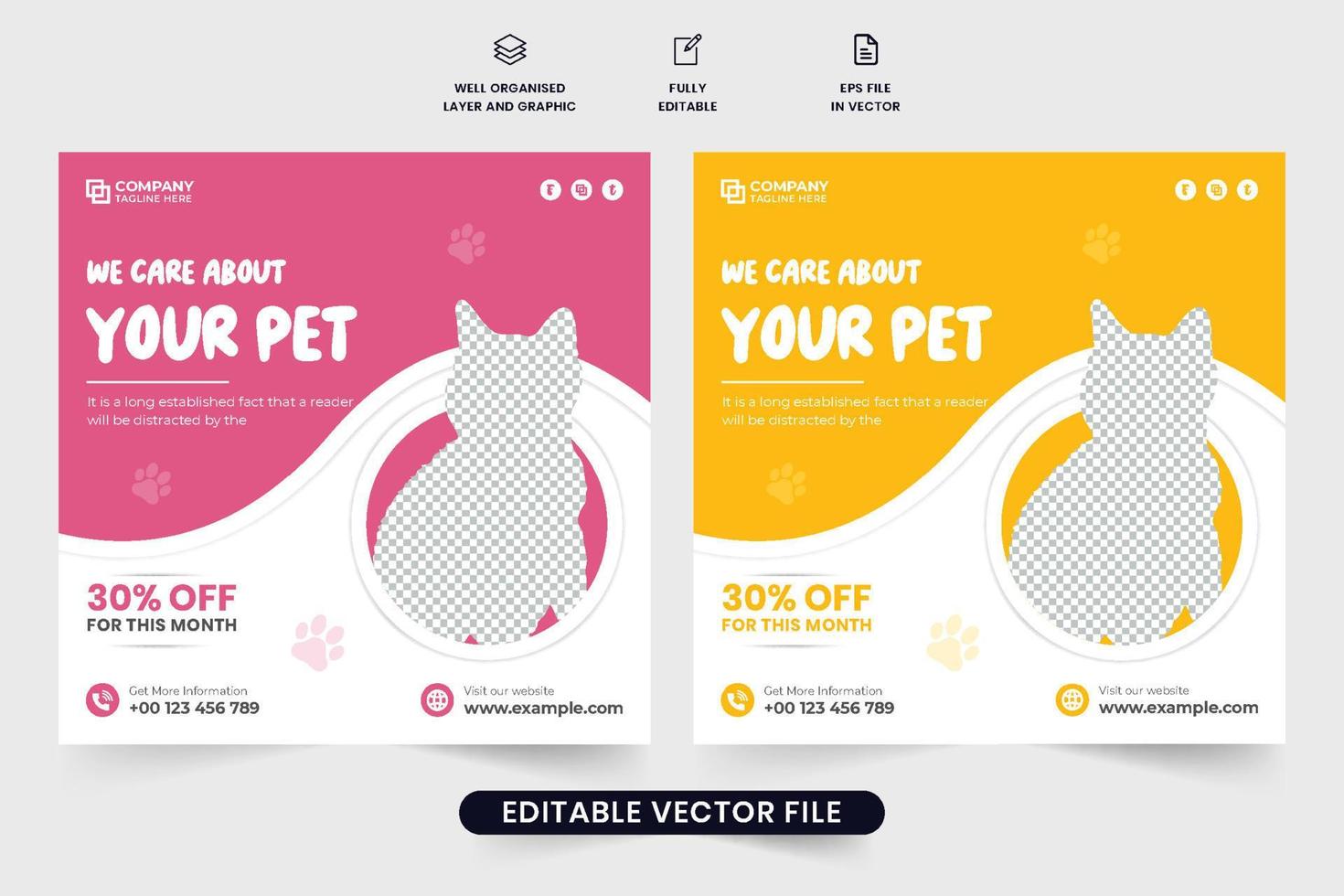 huisdier onderdak sociaal media post vector met geel en roze kleuren. dier adoptie en uiterlijke verzorging centrum advertentie web banier vector. petcare promotionele poster ontwerp met meetkundig vormen.