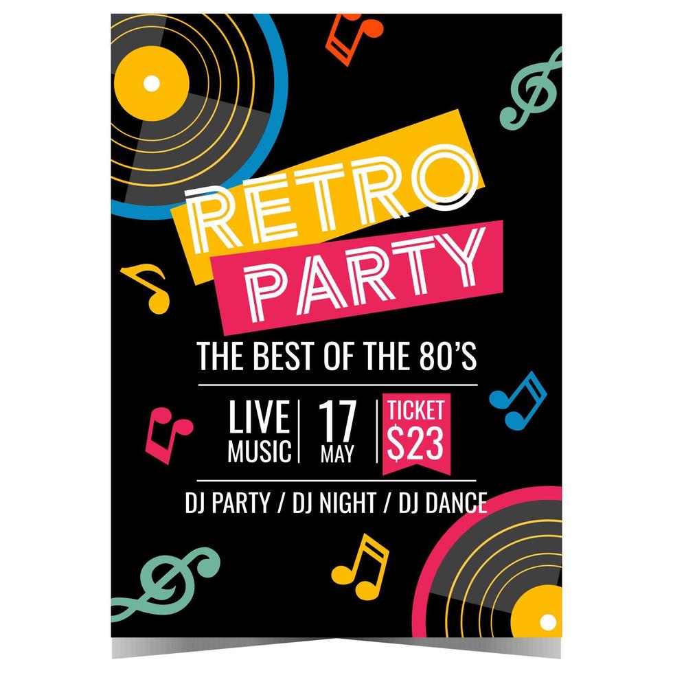 retro partij uitnodiging kaart ontwerp. vector poster, banier of folder met vinyl records en gekleurde muziek- elementen Aan zwart achtergrond geschikt voor retro show, concert of disco dans jaren tachtig feest.