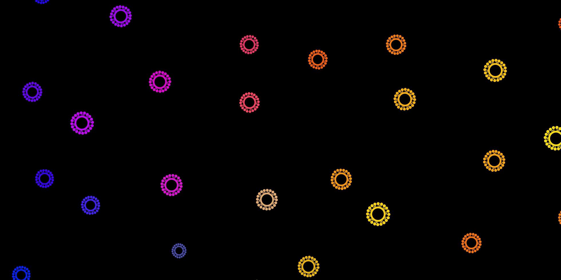 donkerblauwe, gele vectorachtergrond met covid-19 symbolen. vector