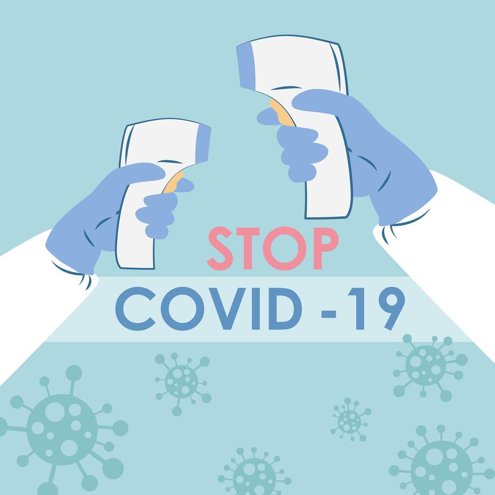 contactloze thermometer. stop de achtergrond van het covid-19-virus. blijf thuis. vector